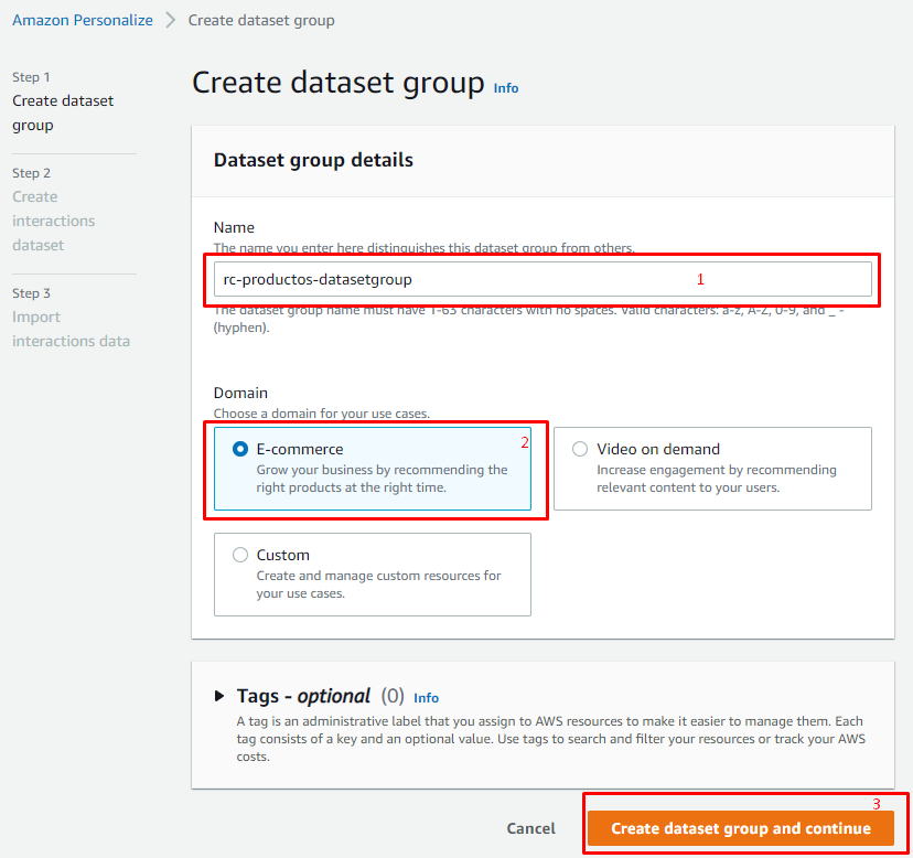 1) Ingresar un nombre para el dataset
2) Elegir un dominio (en este caso E-commerce)
3) Presionar create dataset group and continue